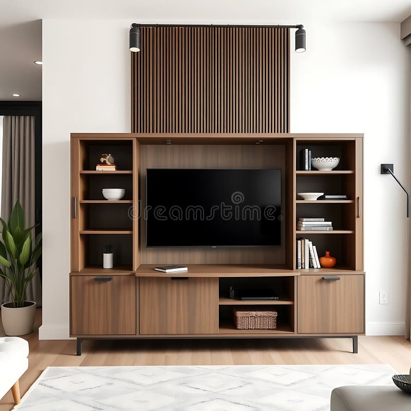 Unidad de tv convertible con un escritorio oculto perfecto para espacios pequeños colocados en un salón limpio y con iluminación i stock de ilustración