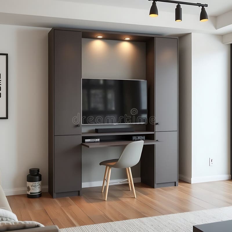 Unidad de tv convertible con un escritorio oculto perfecto para espacios pequeños colocados en un salón limpio y con iluminación i ilustración del vector