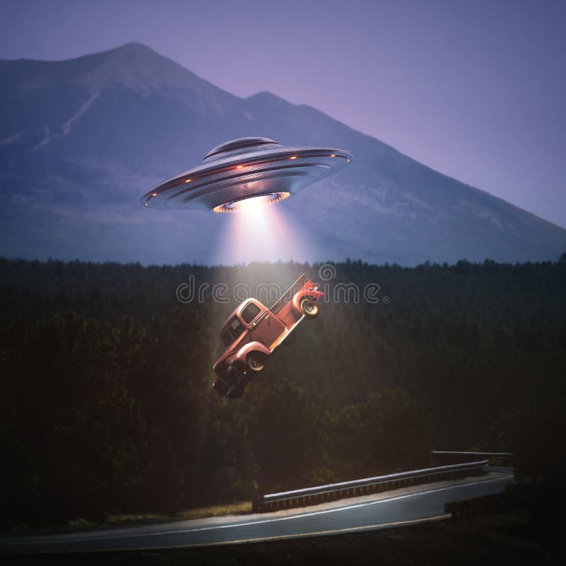 Unidentified flying object lifting a car from road. Concept of alien abduction. Clipping path included. Unidentified flying object lifting a car from road. Concept of alien abduction. Clipping path included
