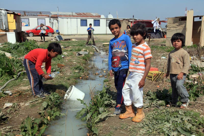Unidentified Roma kids playing stock image