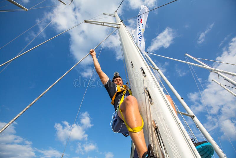 Unidentified sailors participate in sailing regatta 12th Ellada Autumn 2014 among Greek island group in the Aegean Sea