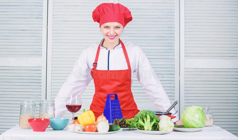 Uniform for professional chef. Lady adorable chef teach culinary arts. Improve culinary skill. Best culinary recipes to stock photography Uniform for professional chef. Lady adorable chef teach culinary arts. Improve culinary skill. Best culinary recipes to stock photography