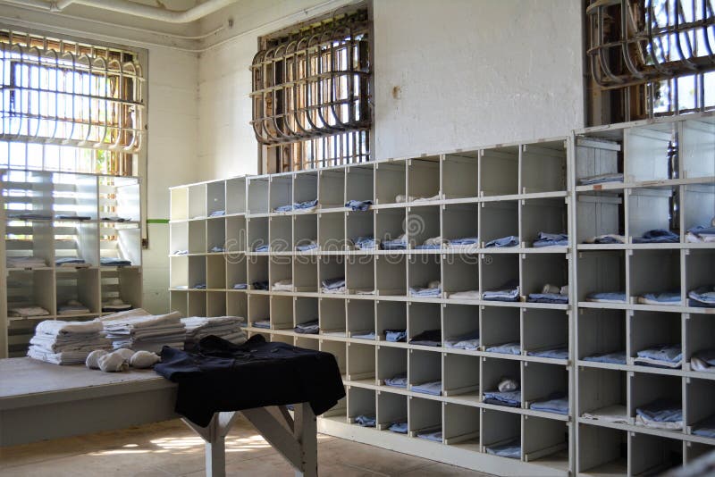 The first room inside Alcatraz prison where prisoners were issued their uniforn. The first room inside Alcatraz prison where prisoners were issued their uniforn