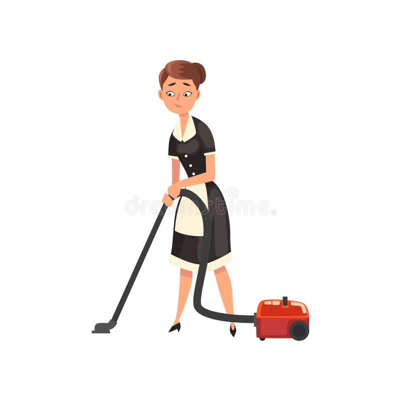Uniforme d'uso della domestica con l'aspirapolvere, carattere della cameriera che porta uniforme classica con il vestito nero ed illustrazione di stock Uniforme d'uso della domestica con l'aspirapolvere, carattere della cameriera che porta uniforme classica con il vestito nero ed illustrazione di stock