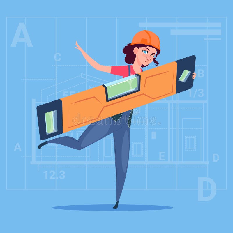 Uniforme de Holding Carpenter Level de constructeur de femme de bande dessinée et travailleur de la construction de port Over Abs illustration de vecteur Uniforme de Holding Carpenter Level de constructeur de femme de bande dessinée et travailleur de la construction de port Over Abs illustration de vecteur