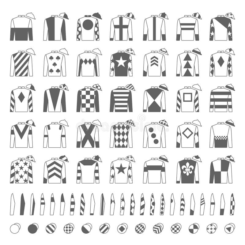 Uniforme de jockey Conception traditionnelle Vestes, soies, douilles et chapeaux Course de chevaux Cheval Racing Graphismes réglé illustration libre de droits Uniforme de jockey Conception traditionnelle Vestes, soies, douilles et chapeaux Course de chevaux Cheval Racing Graphismes réglé illustration libre de droits