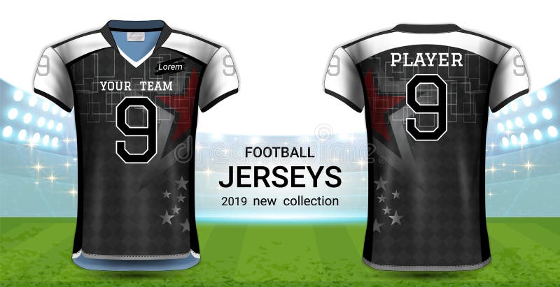 Uniformes de los jerséis del fútbol americano o de fútbol, frente realista del diseño gráfico y visión trasera para la plantilla libre illustration Uniformes de los jerséis del fútbol americano o de fútbol, frente realista del diseño gráfico y visión trasera para la plantilla libre illustration