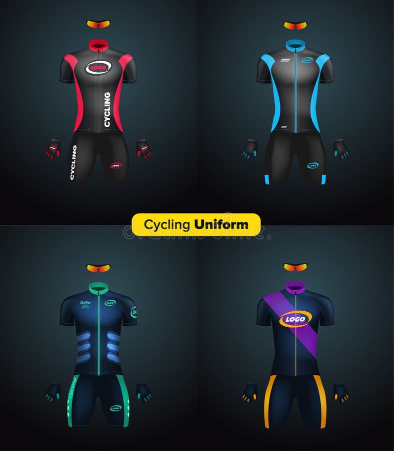 Uniformes realísticos do ciclismo do vetor Modelo de marcagem com ferro quente Bicicleta ou roupa e equipamento da bicicleta jérs ilustração stock Uniformes realísticos do ciclismo do vetor Modelo de marcagem com ferro quente Bicicleta ou roupa e equipamento da bicicleta jérs ilustração stock