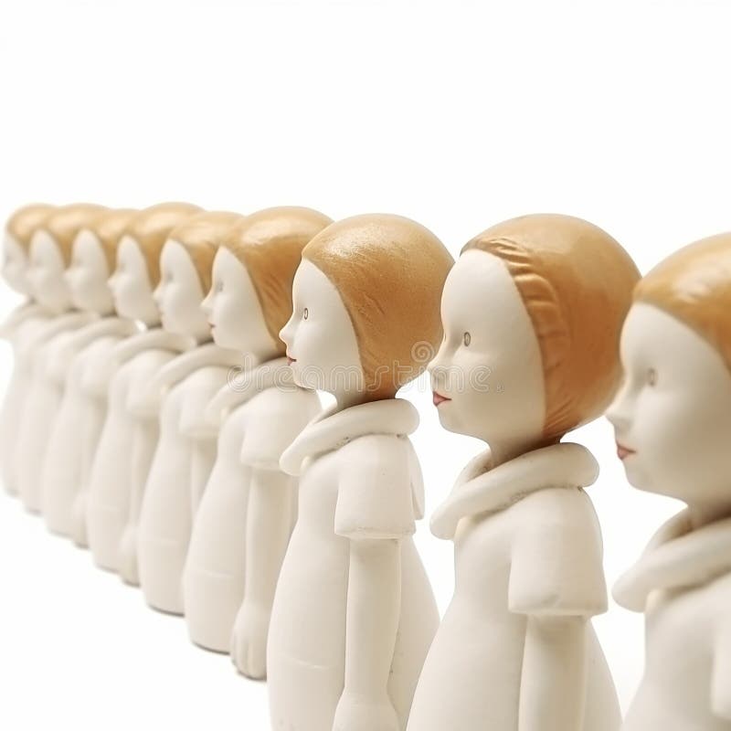 Uniformitätsidentitätsmonotonie viele identische Puppen stehen nebeneinander auf weißer Seite lizenzfreie abbildung