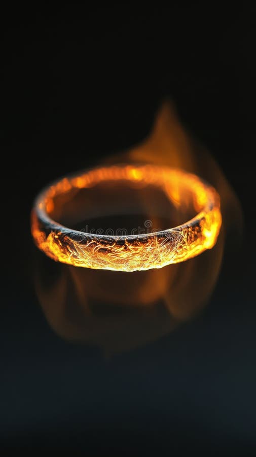 Unik metallring omgiven av lågor på texturerad yta i dramatisk belysning royaltyfri bild