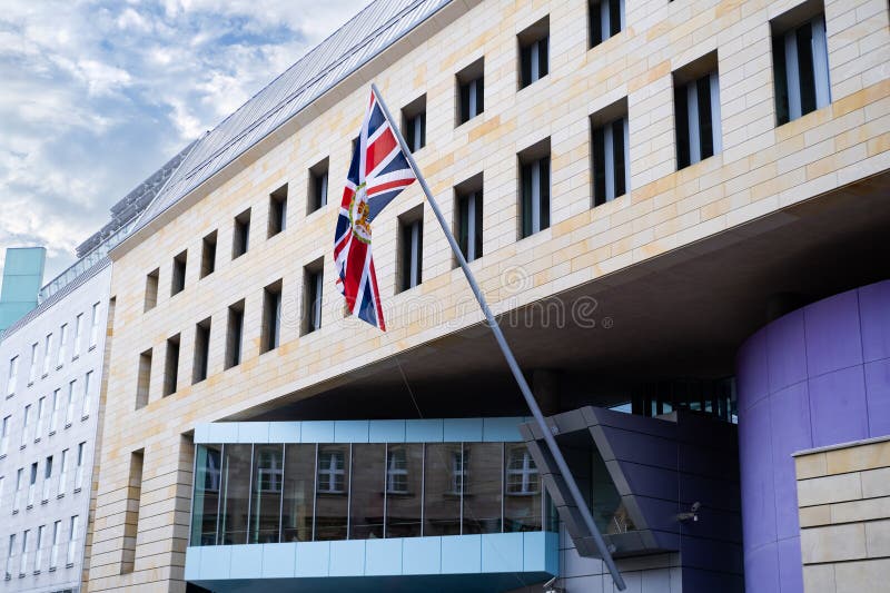 Union Jack flag on wall of British Embassy, Consulate in Berlin, obtaining visa to enter country, naturalization of citizens, economy and politics, diplomatic mission, Berlin, Germany. Union Jack flag on wall of British Embassy, Consulate in Berlin, obtaining visa to enter country, naturalization of citizens, economy and politics, diplomatic mission, Berlin, Germany