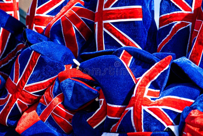 Union Jack hats for sale at a market stall in Camden, UK