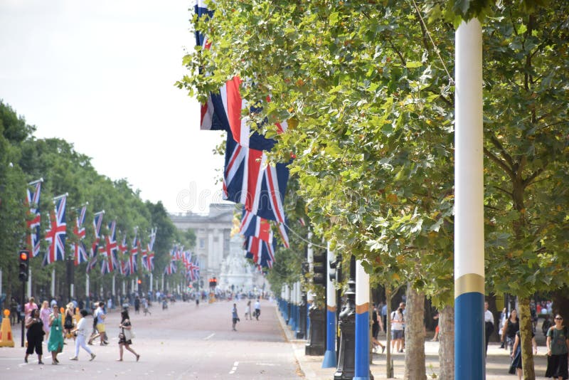 Union Jacks and Trees Lining the Mall in Westminster Editorial Stock