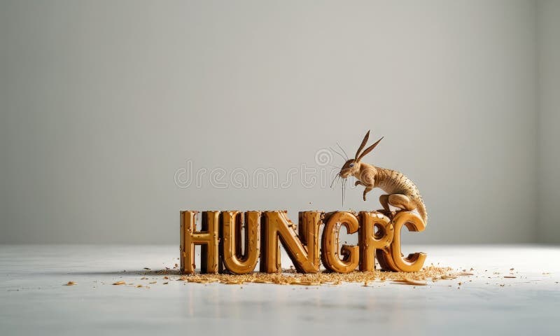 Bird is standing on the word hunger stock illustration