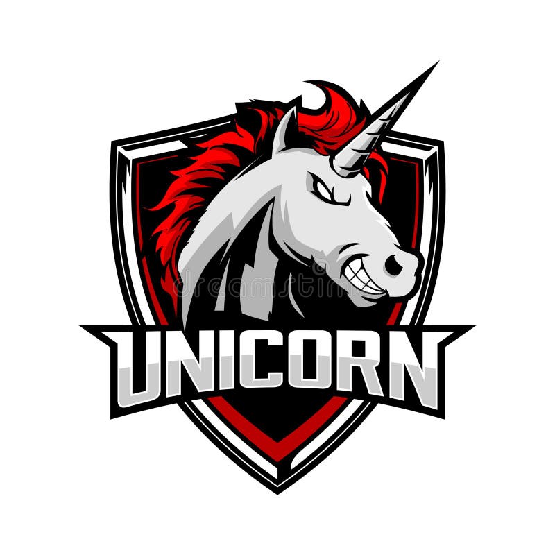 Unique and amazing unicorn head cartoon shield vector logo template stock illustration