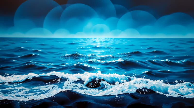 Unique Art Seascapes - Serene Ocean Waves With Dreamy Blue Gradient Background, Ethereal Glow, Calming Aquatic Vibes, Atmospheric royalty free illustration