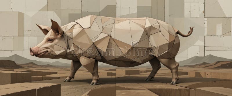 Geometric Low-Poly Pig in Abstract Landscape vector illustration
