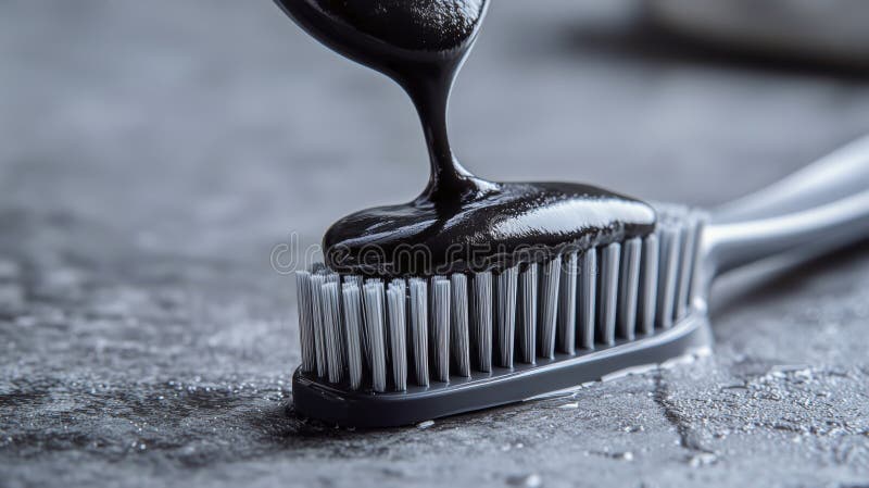 Unique Charcoal Toothpaste Dripping Onto a Toothbrush on a Dark Surface stock images