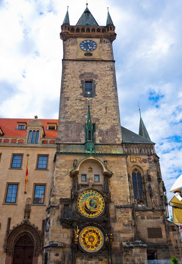 Unique clock on gothic tower in Prague