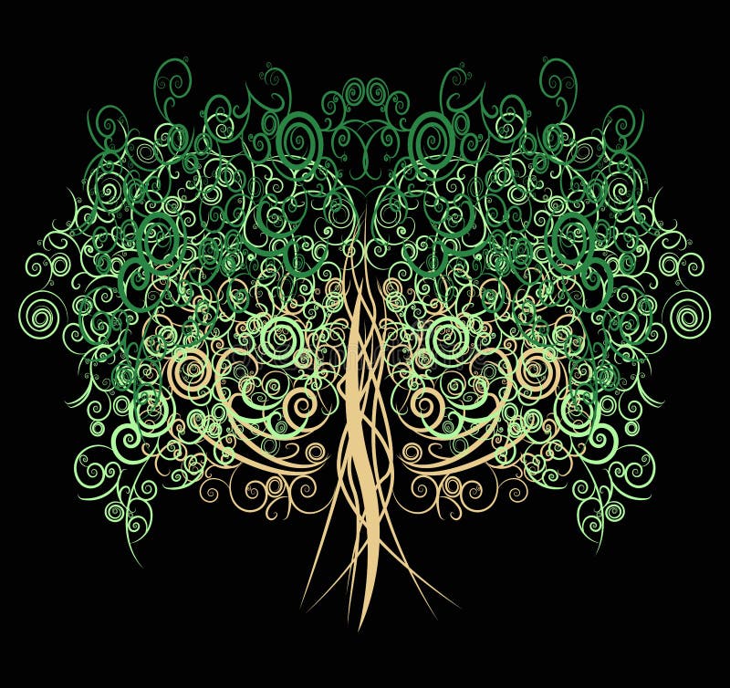 Unique curly tree made with many curves and elements in black background, create by vector.