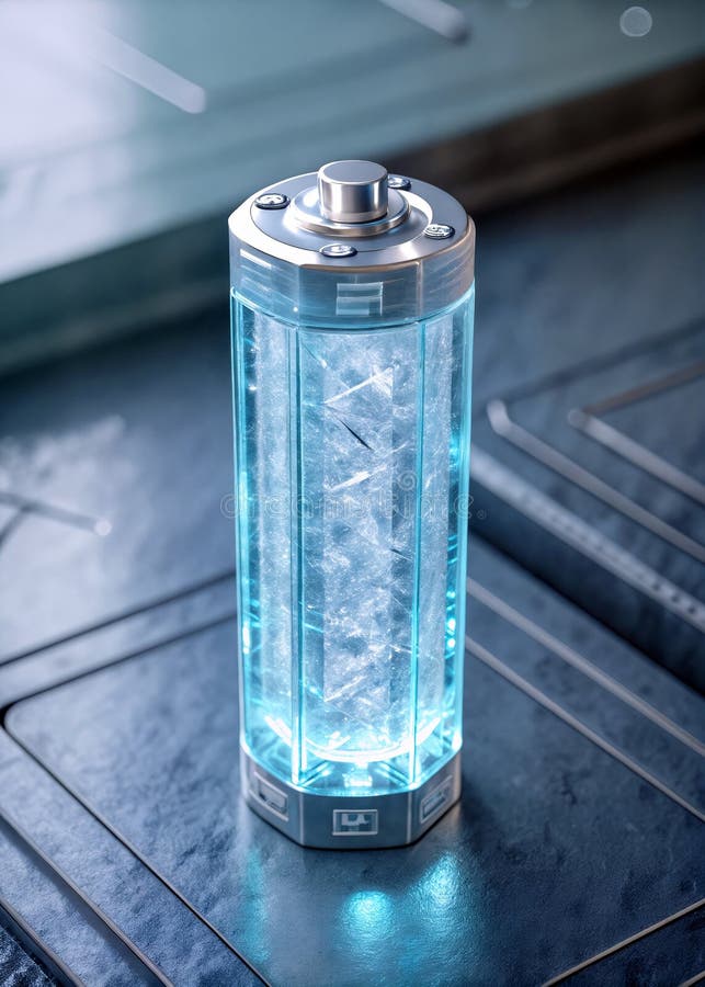 Unique diamond battery displayed on a modern countertop in a futuristic setting stock photo