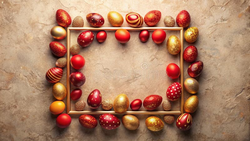 Unique Easter Decor A Surreal Square Frame with Red and Gold Eggs Perfect for Custom Text and Holiday vector illustration