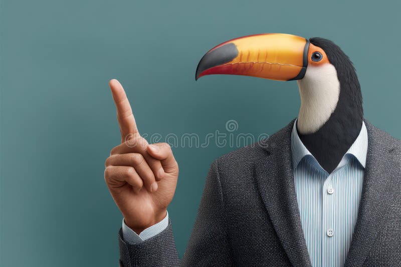 Smart Toucan in Suit Pointing with Matrix Coded Background Conceptual Image stock images