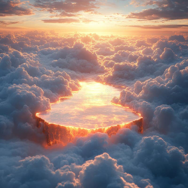 A unique image showcases a heart-shaped island floating above clouds, with a dramatic sunset as backdrop Ideal for stock photos