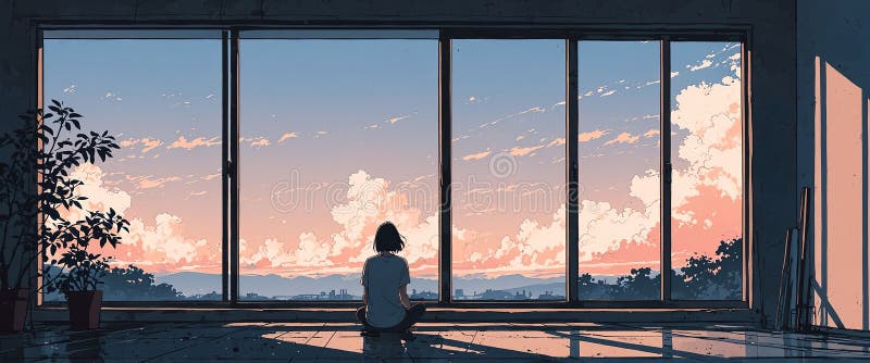 A person sits by a large window Lofi style Anime style. Anime style. This unique image was created using our own, Stable Diffusion model, AI generated