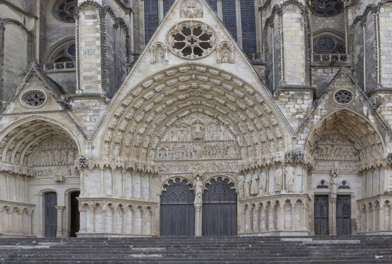 Unique and ornate front doors and steps of a church stock images