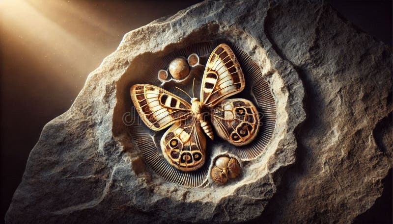 This unique stock photo presents an abstract and detailed view of a fossil butterfly skeleton royalty free illustration