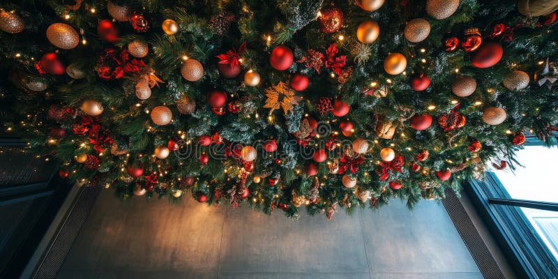 Upside down christmas tree hanging from the ceiling