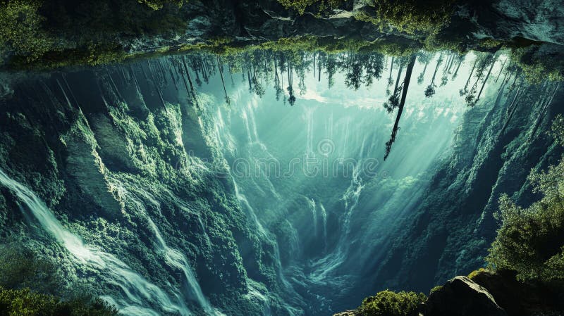 Unique valley where gravity is reversed with upside down waterfalls and trees royalty free stock photos