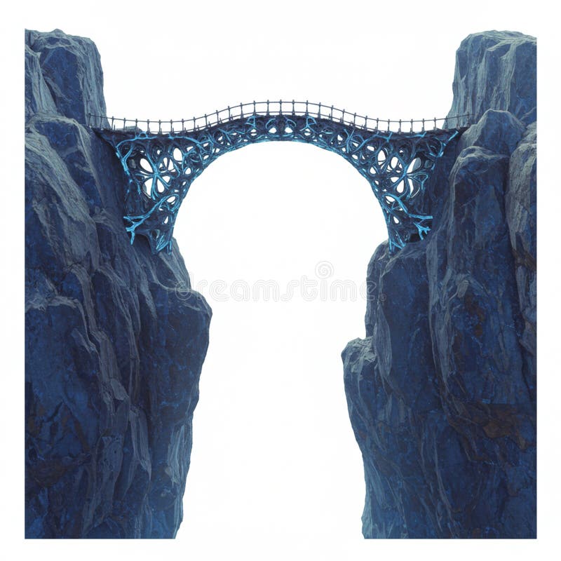 A uniquely designed bridge with an intricate lattice structure spans between two rocky stock illustration