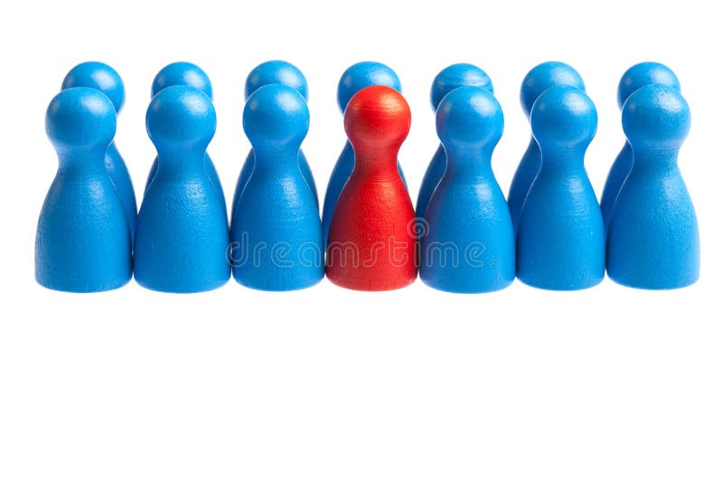 Uniqueness or autism concept, alone among group. Single different red pawn in center of large group of uniform people. Concept for autism, loneliness, uniqueness stock photo Uniqueness or autism concept, alone among group. Single different red pawn in center of large group of uniform people. Concept for autism, loneliness, uniqueness stock photo