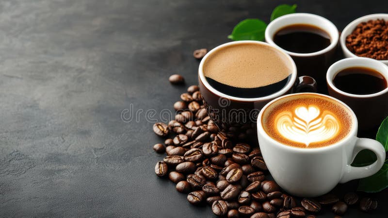 Unisciti a una vista ravvicinata di diversi tipi di caffè ideali per appassionati e bar posizionati su uno sfondo scuro e luminoso illustrazione di stock