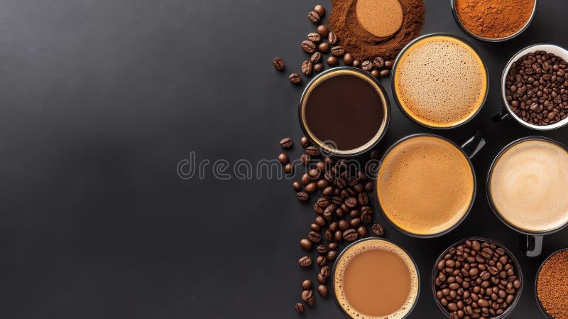 Unisciti a una vista ravvicinata di diversi tipi di caffè ideali per appassionati e bar posizionati su uno sfondo scuro e luminoso royalty illustrazione gratis