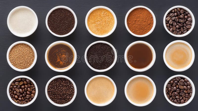 Unisciti a una vista ravvicinata di diversi tipi di caffè ideali per appassionati e bar posizionati su uno sfondo scuro e luminoso illustrazione di stock