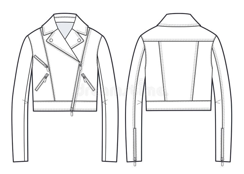 Unisex Biker Jacket Fashion Flat Technical Drawing Template. Stock