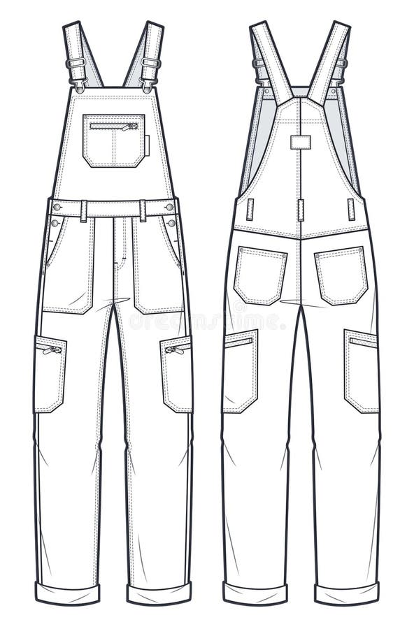 Unisex Denim Dungaree, Jumpsuit Fashion Flat Technical Drawing Template ...