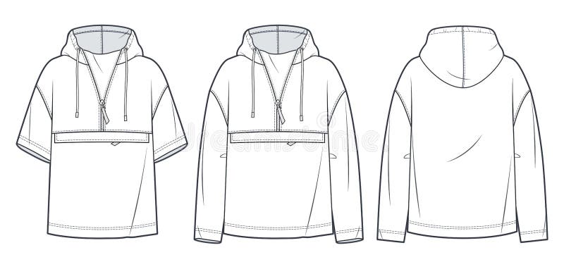 Unisex Hoodie Sweatshirt Technical Fashion Illustration with Short and ...