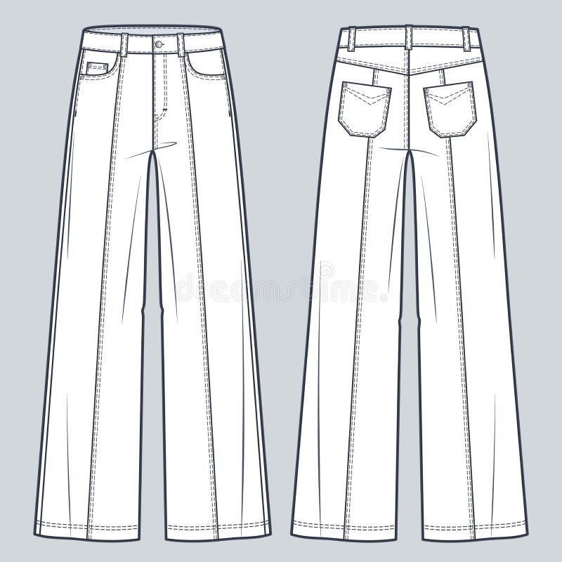 Pants bell-bottom technical fashion illustration with normal waist, high  rise, slant pockets, wide legs. Flat bottom trousers apparel template  front, back, white color. Women, men, unisex CAD mockup Stock Vector