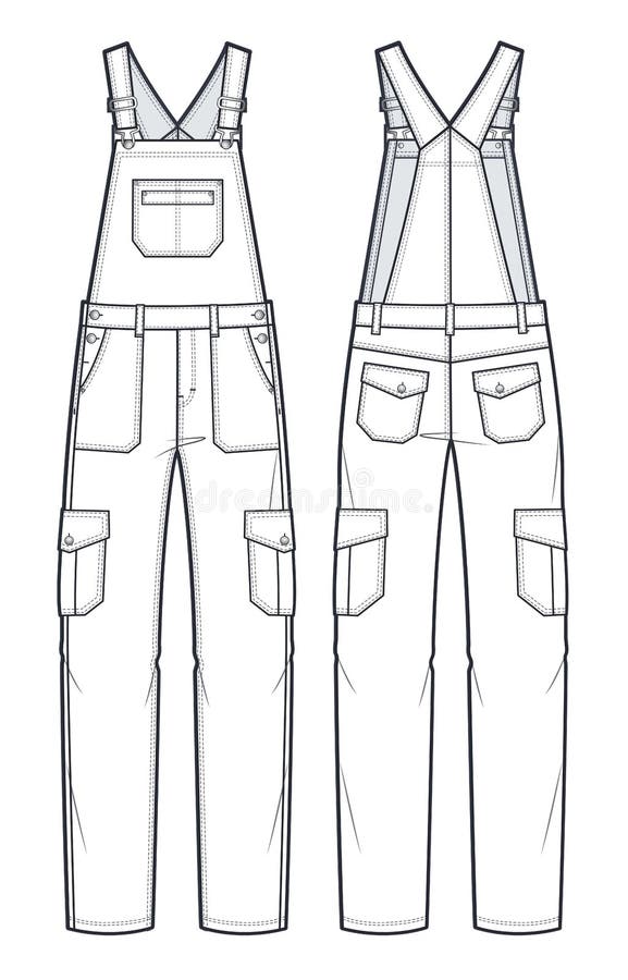 Unisex Jumpsuit, Cargo Pants Fashion Flat Technical Sketch Template ...