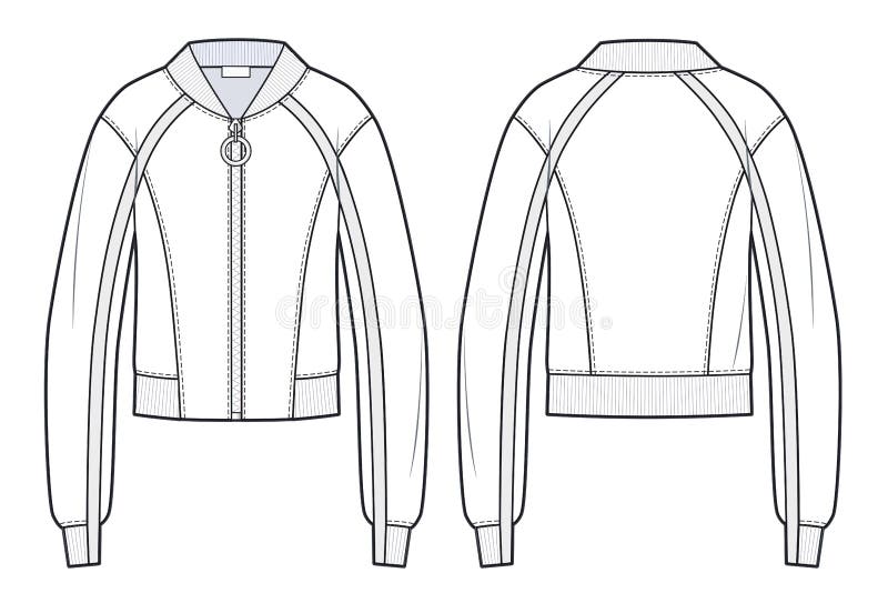 Varsity Bomber Jacket Technical Fashion Illustration With Rib Baseball  Collar Cuffs Jetted Pockets Buttons Fastening Long Sleeves Flat Coat  Template Front White Color Women Men Unisex Top CAD Royalty Free SVG  Cliparts