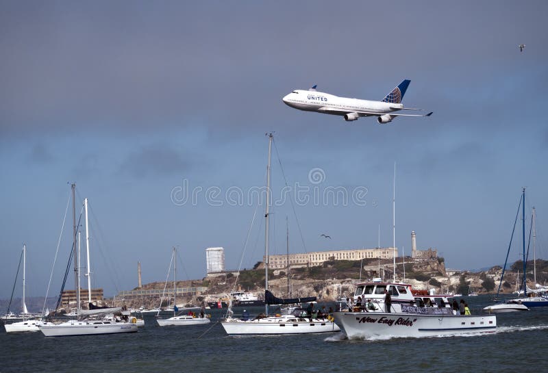 United Airline Plane Flying Above SF Bay Editorial Stock Image Image