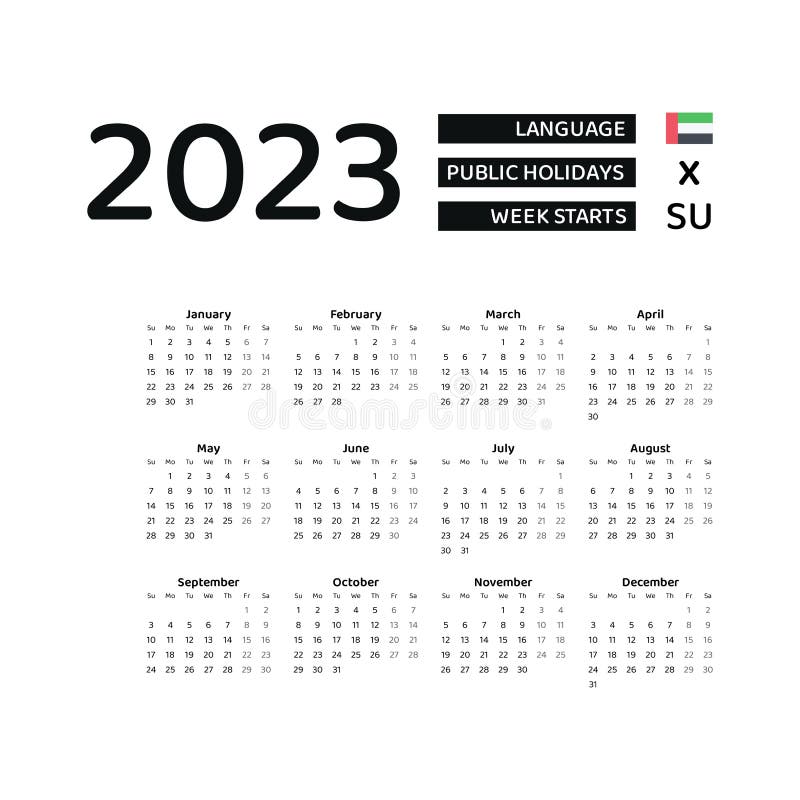 United Arab Emirates Calendar 2023 Week Starts From Sunday Vector