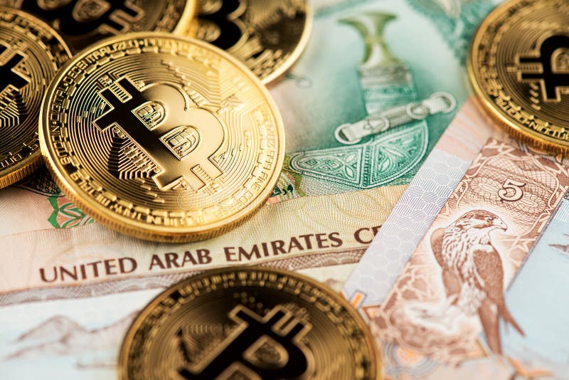 United Arab Emirates currency with golden Bitcoin Cryptocurrency.
