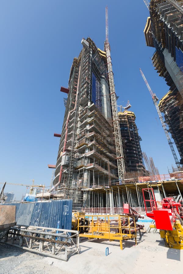 United Arab Emirates, Dubai, 05/21/2015, Damac Towers Dubai by Paramount, construction and building ariel views with cityscape background