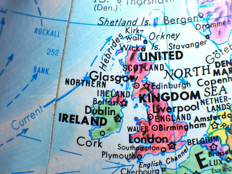 United Kingdom and Ireland focus macro shot on globe map for travel blogs, social media, website banners and backgrounds.