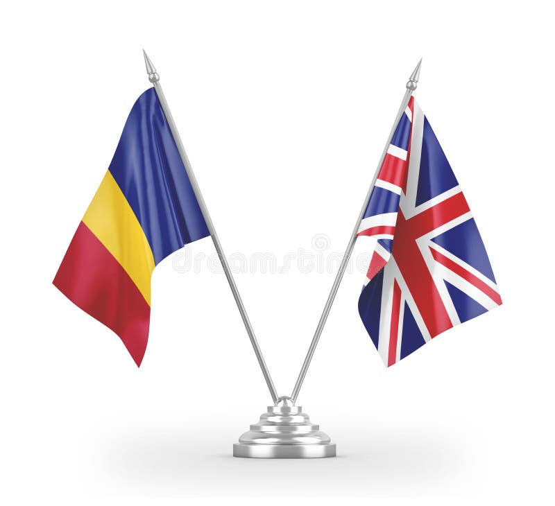 United Kingdom and Romania table flags isolated on white 3D rendering royalty free illustration
